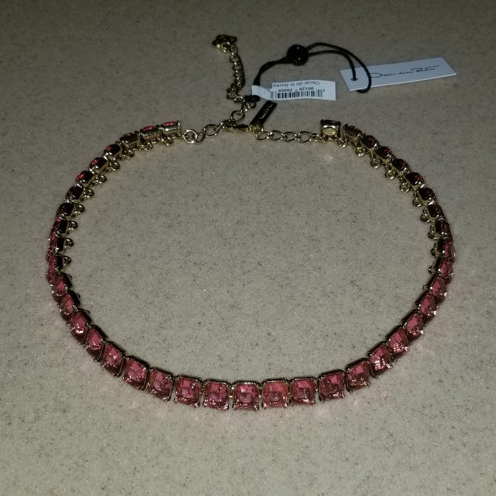 RARE STATEMENT OSCAR DE LA RENTA PINK BAGUETTE CRYSTAL EVENING NECKLACE STRAND